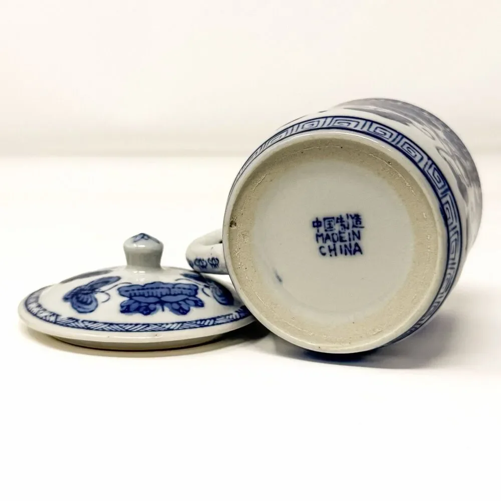 Blue White Chinese Porcelain Lidded Mugs Butterflies Grapevines Set of 4